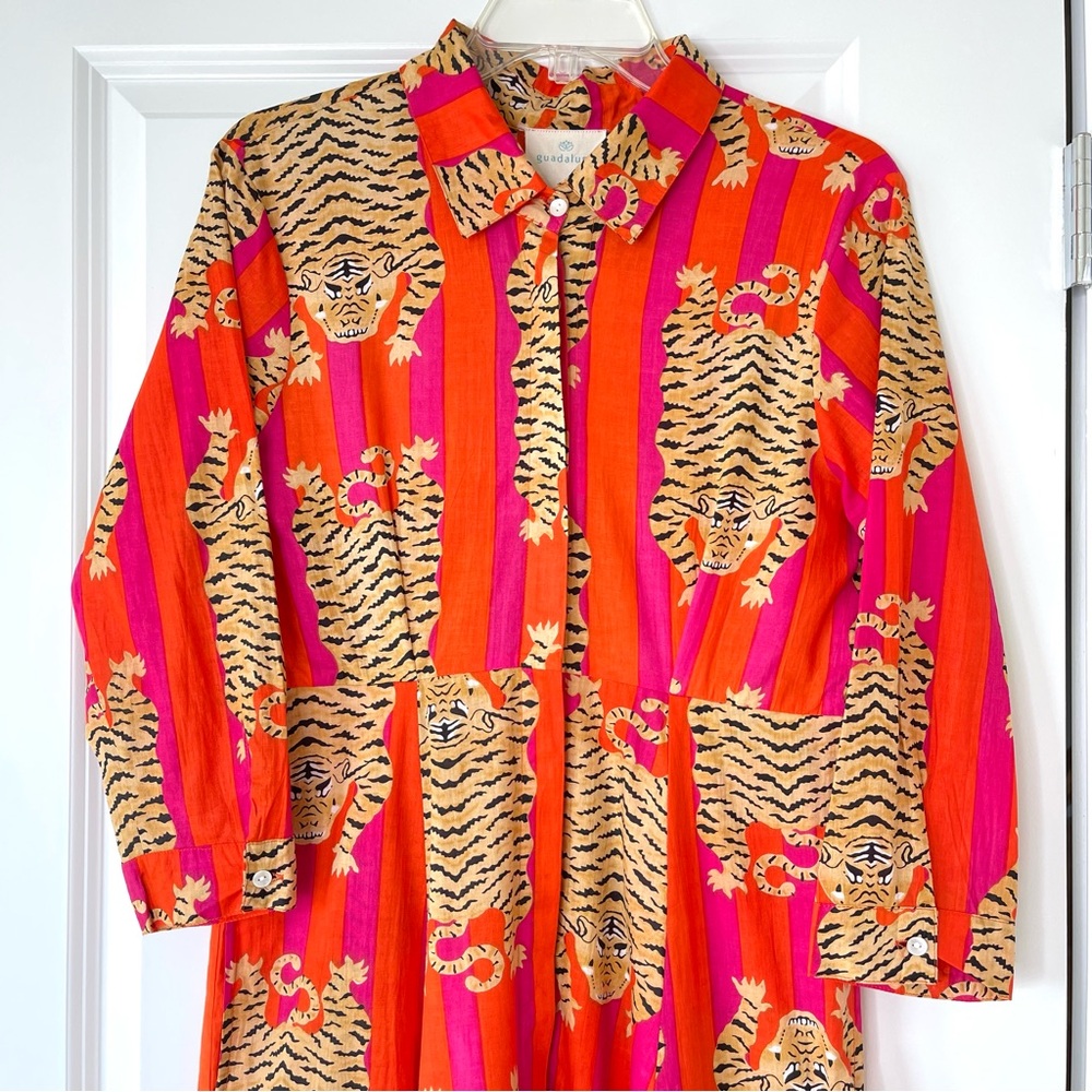 Guadalupe Luciana Tibet Tiger Stripes Hand Block Print Pure Indian Cotton Dress - Picture 3 of 16